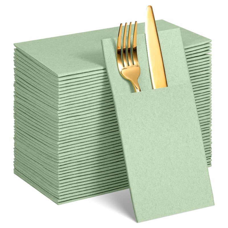 NatNarr 60 Pcs Sage Green Linen-Feel Paper Napkins with Built-in Flatware Pocket, Pocket Linen Napkins Prefolded Cloth Like Paper Napkins Bulk for Silverware Easter Wedding Baby Shower Birthday Bridal Party - Image 1