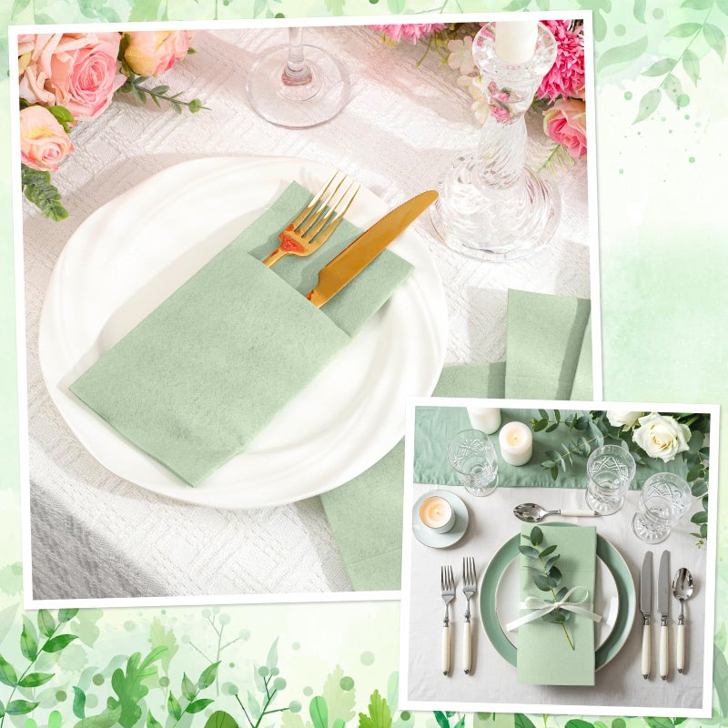 NatNarr 60 Pcs Sage Green Linen-Feel Paper Napkins with Built-in Flatware Pocket, Pocket Linen Napkins Prefolded Cloth Like Paper Napkins Bulk for Silverware Easter Wedding Baby Shower Birthday Bridal Party - Image 3