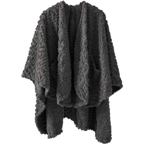 Royoliving Fuzzy Sherpa Wearable Fleece Blanket with Pockets for Adults, Ultra Soft Plush Shawl Throw Blankets (Grey, 58'' x 64'') - Image 1