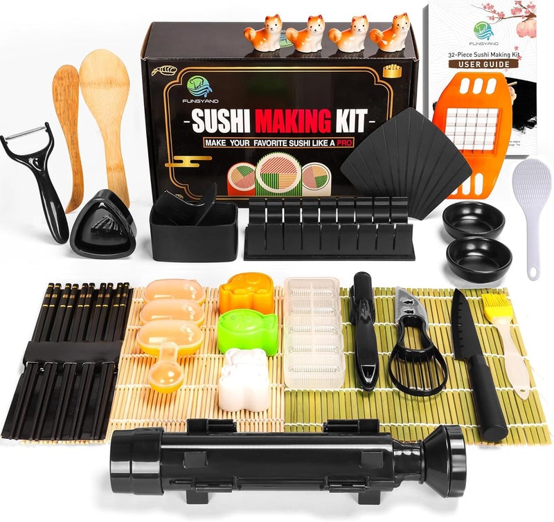 FUNGYAND Sushi Making Kit, 32-in-1 Complete Set with Bazooka Roller, Nigiri & Musubi Presses, Bamboo Mats, Knife, Peeler, Animal Rice Molds, Chopsticks & More – Perfect for Family Fun - Image 1