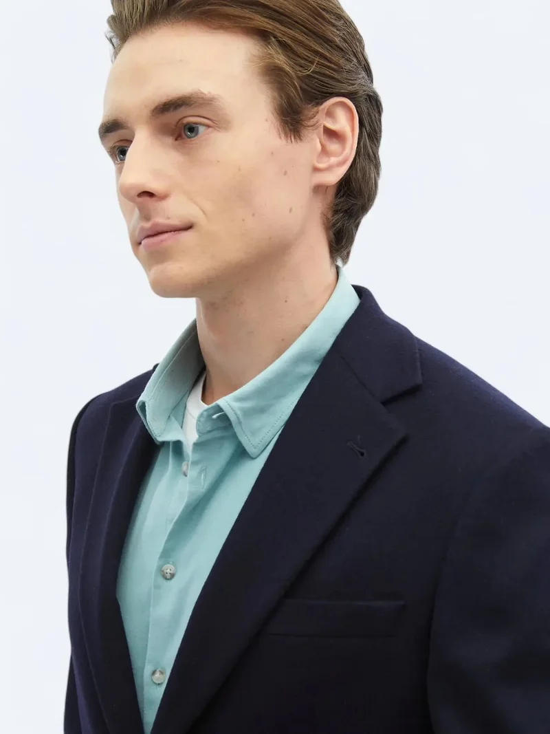 Kip Navy Blue Plain Modern Fit Wool Blended Jacket