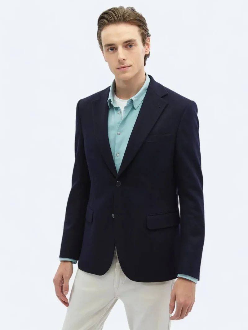 Kip Navy Blue Plain Modern Fit Wool Blended Jacket