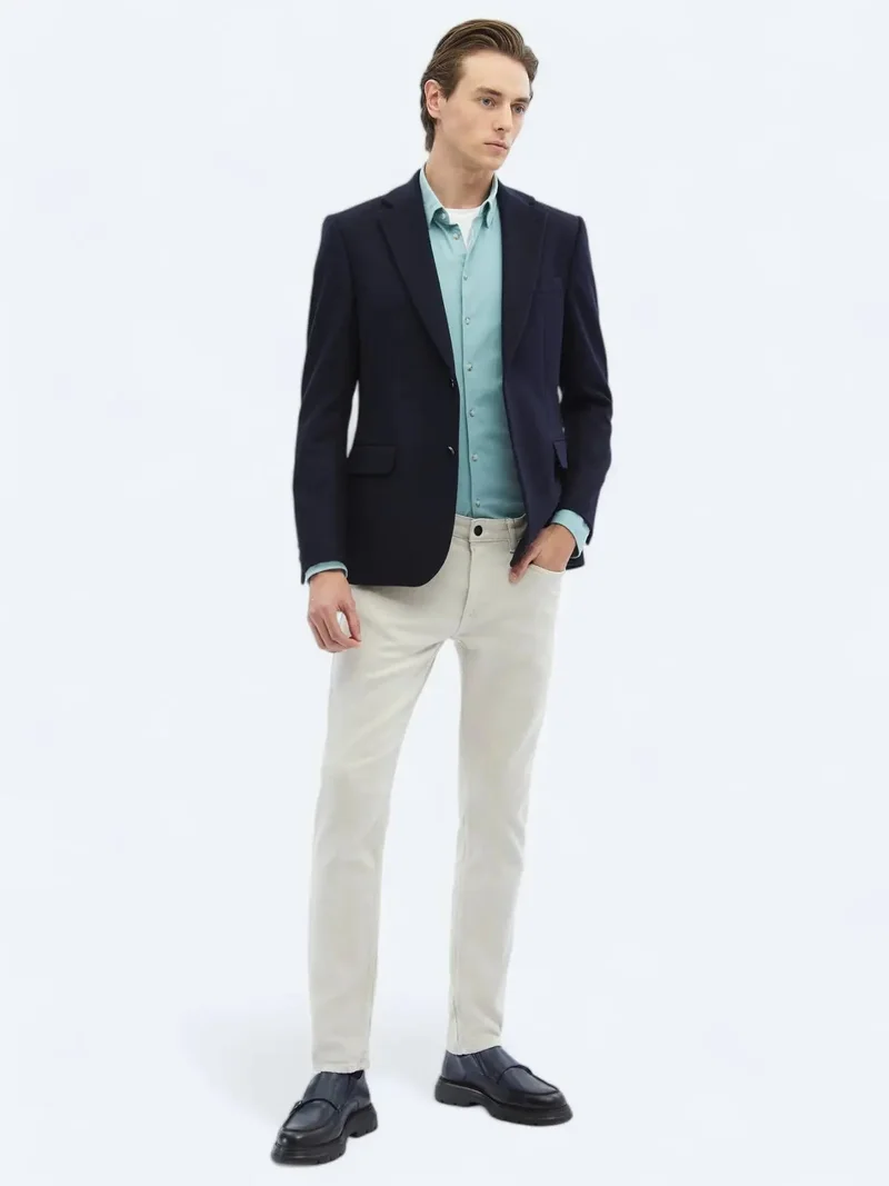 Kip Navy Blue Plain Modern Fit Wool Blended Jacket
