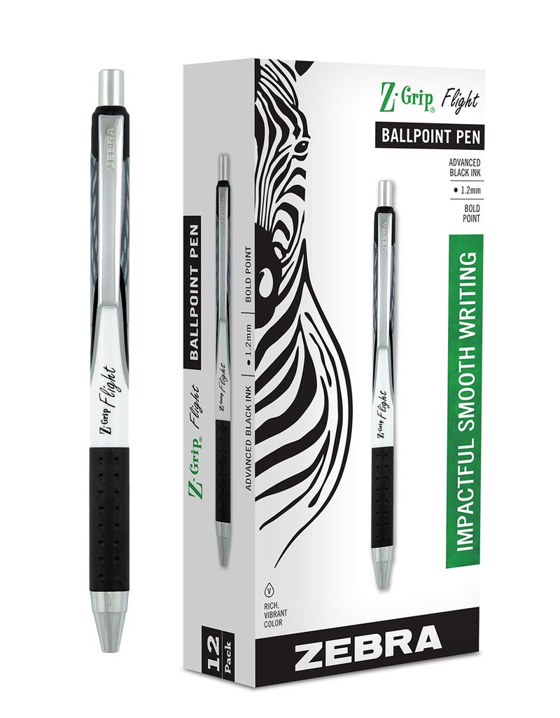 Zebra Pen Z-Grip Flight Retractable Ballpoint Pen, Bold Point 1.2mm, Black Ink, School Supplies, Teacher Supplies, and Office Supplies, Smooth Writing, Quick-Drying, 12-Pack (21910) - Image 1