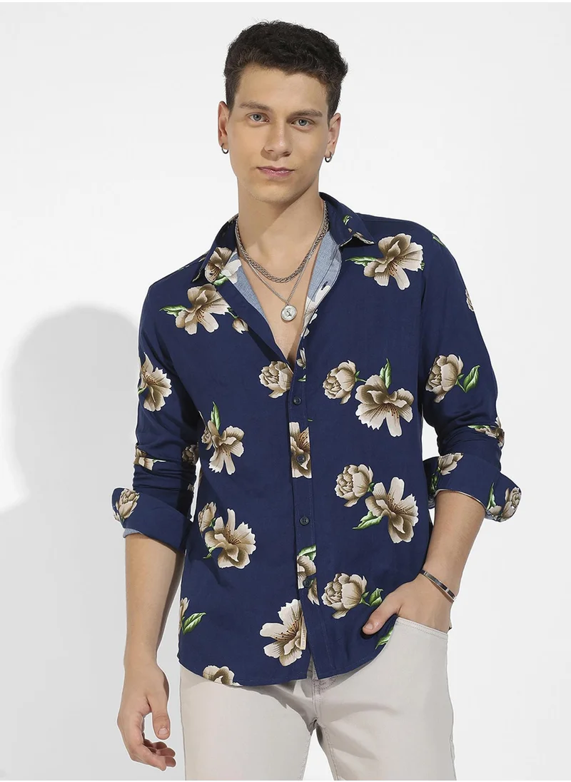Campus Sutra Campus Sutra Men's Indigo Blue Floral Print Shirt For Casual Wear | Spread Collar | Long Sleeve | Button Closure | Heavy Rayon Shirts Crafted With Comfort Fit For Everyday Wear