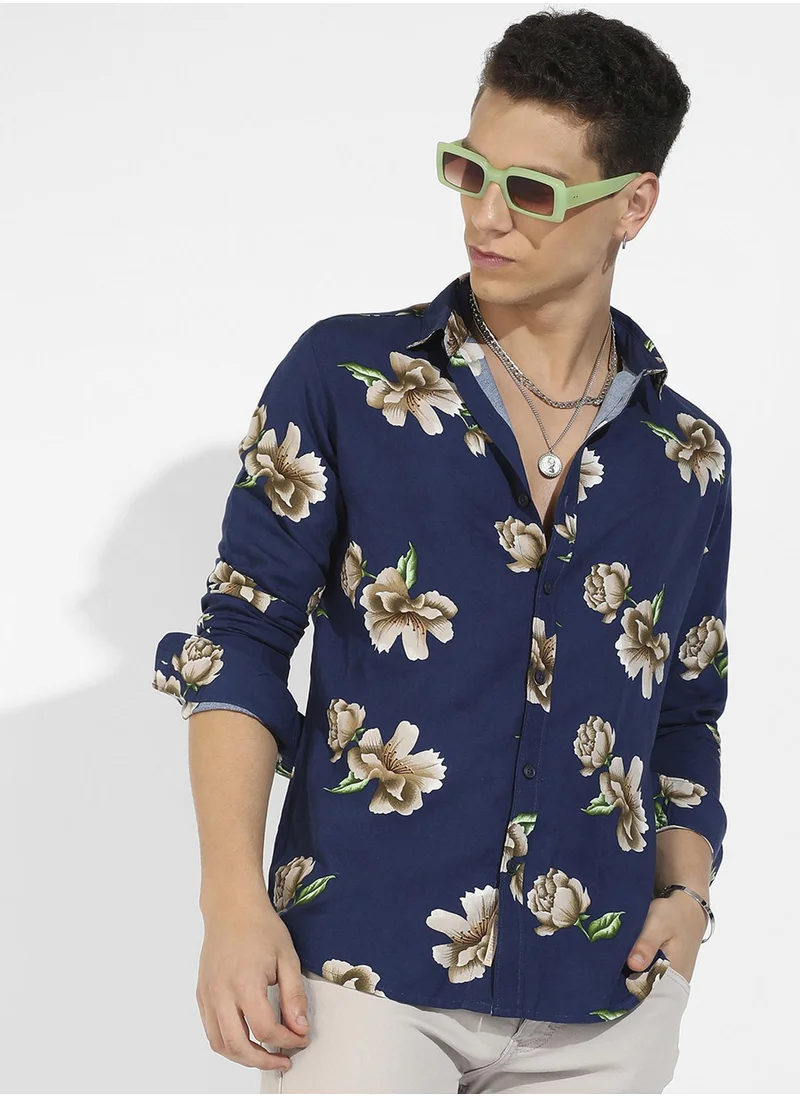 Campus Sutra Campus Sutra Men's Indigo Blue Floral Print Shirt For Casual Wear | Spread Collar | Long Sleeve | Button Closure | Heavy Rayon Shirts Crafted With Comfort Fit For Everyday Wear