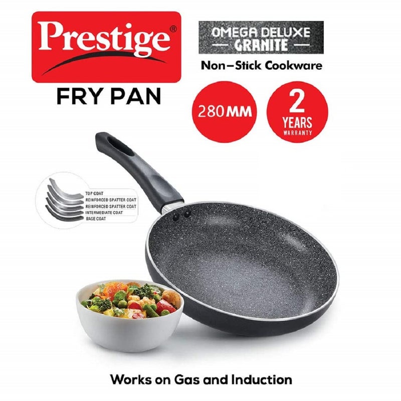 Prestige Omega Deluxe Granite Non-Stick Round Base Fry Pan, 28cm - 3L |Metal Spoon Friendly |Aluminium|Durable Granite Finish|Black - Image 2