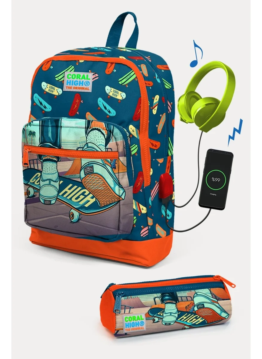 كورال هاي Kids Civit Neon Orange Skateboard Patterned USB Port 2-Piece School Bag Set SET0223823