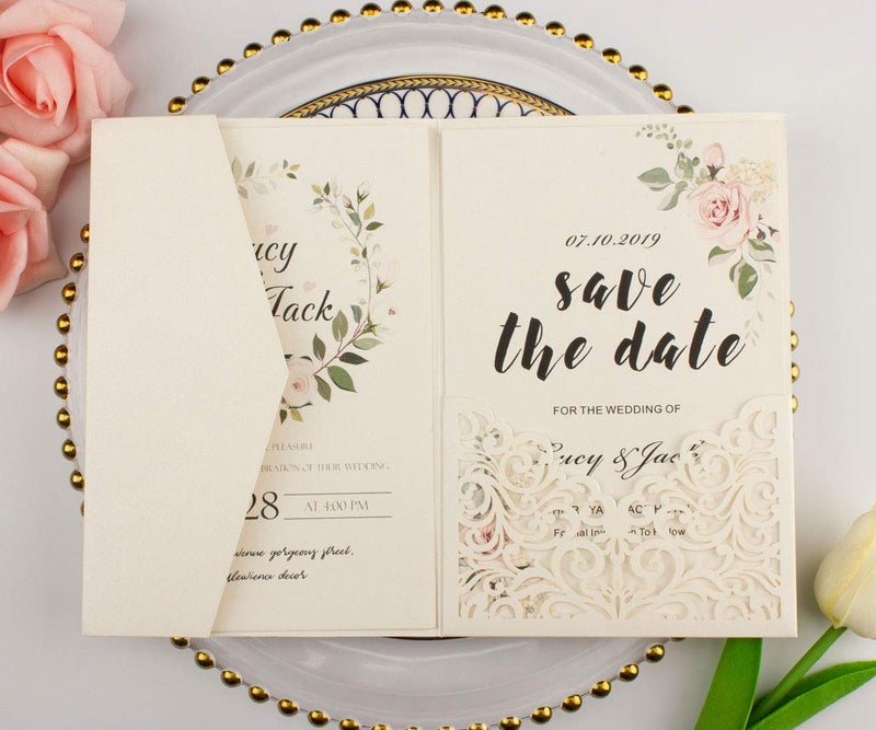 Lucky Star 25 sets Pearl Ivory Tri Fold Vine Pocket Wedding Invitations Cards With Envelopes Laser Cut Invites(ivory) - Image 5