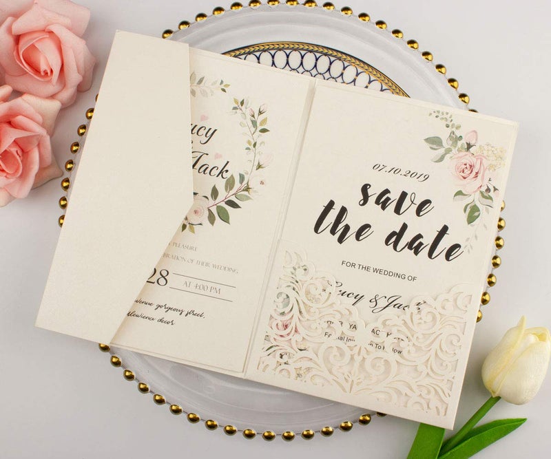 Lucky Star 25 sets Pearl Ivory Tri Fold Vine Pocket Wedding Invitations Cards With Envelopes Laser Cut Invites(ivory) - Image 3