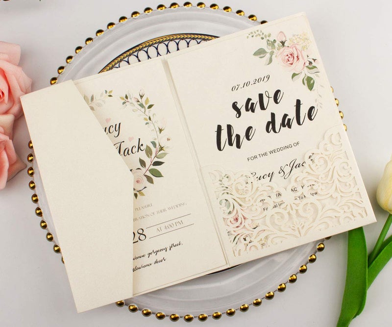 Lucky Star 25 sets Pearl Ivory Tri Fold Vine Pocket Wedding Invitations Cards With Envelopes Laser Cut Invites(ivory) - Image 4
