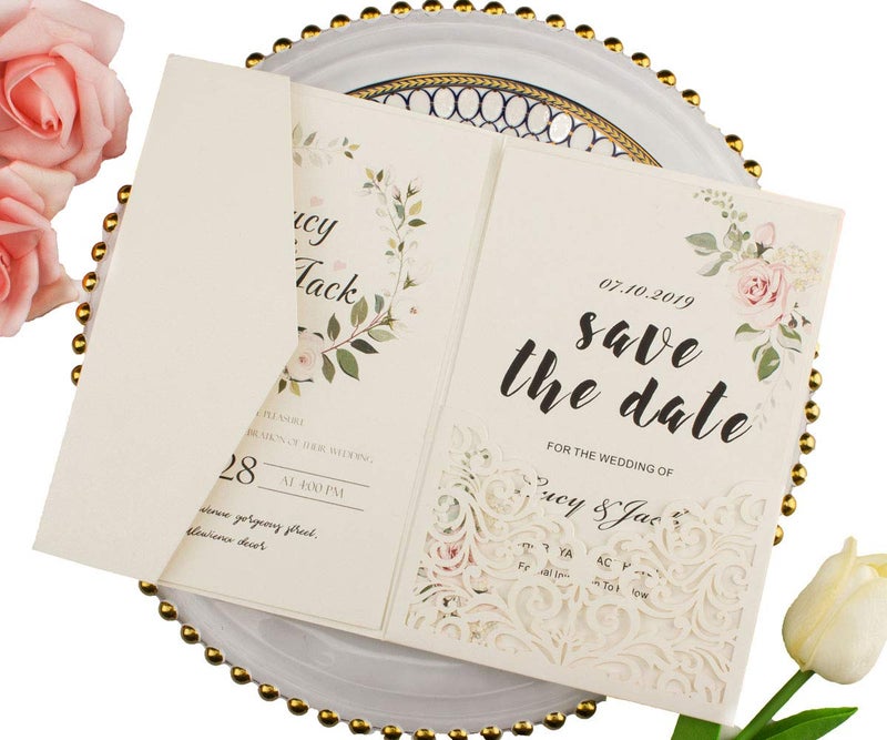 Lucky Star 25 sets Pearl Ivory Tri Fold Vine Pocket Wedding Invitations Cards With Envelopes Laser Cut Invites(ivory) - Image 1