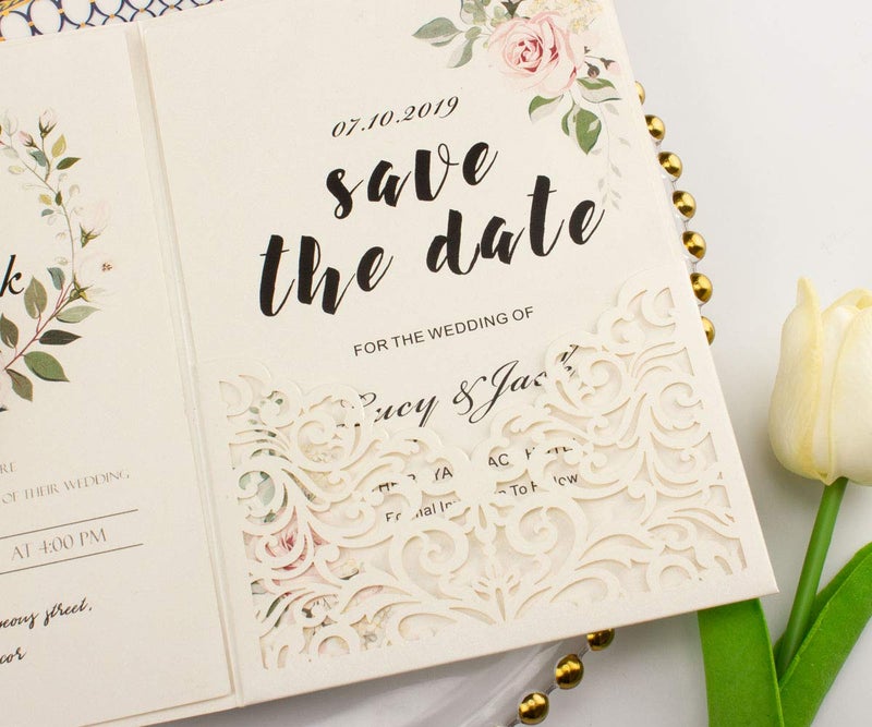 Lucky Star 25 sets Pearl Ivory Tri Fold Vine Pocket Wedding Invitations Cards With Envelopes Laser Cut Invites(ivory) - Image 2