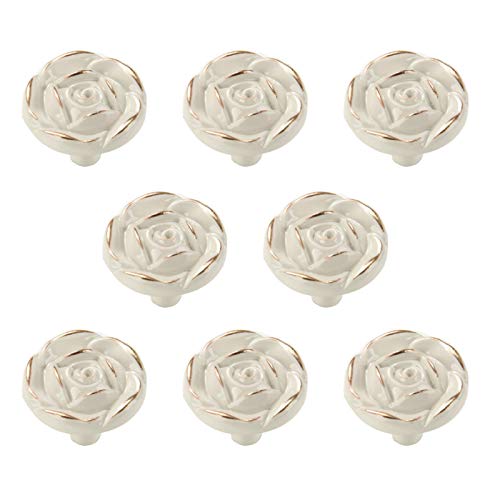 Joyindecor Antique Rose Flower Cabinet Knobs, Vintage Kitchen Shabby Chic Zinc Alloy White Drawer Pull Handles for Dresser Vanity Nightstand Cupboard Wardrobe, 8 Pack (Golden Line) - Image 1