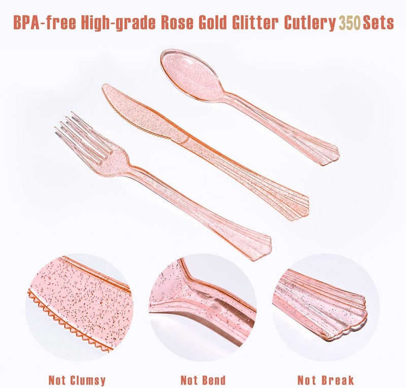 AIRE 350PCS Pink and Gold Party Supplies  Severs 50 Disposable Partyware  Gold Plastic Cutlery  Napkins  Plates for Baby Shower  Birthday  Wedding - Image 4