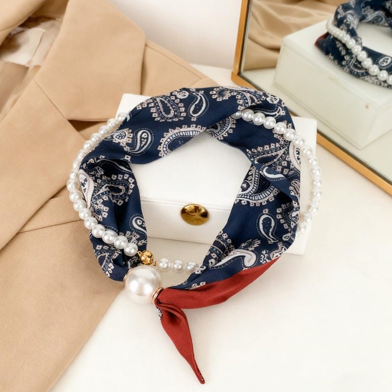 Satin Scarf Necklace 48x45cm Cashew Blue Effortless Magnetic Closure - Lightweight All-Day Comfort Silk Scarf Collar for Women Vintage Fashion - Image 3