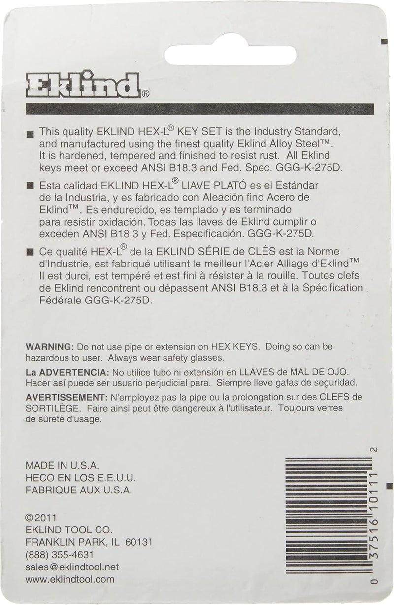 Eklind Tool EKLIND 10111 Hex-L Key allen wrench - 11pc set SAE Inch Sizes .050-1/4 Short series - Image 3