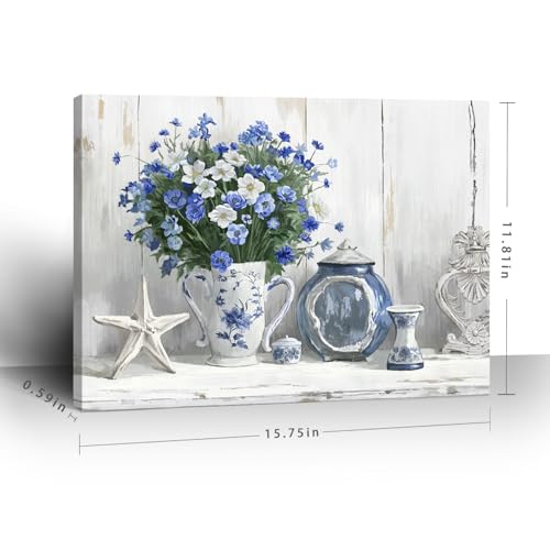 Nicetop Bathroom Decor Wall Art Vintage Coastal Picture Blue and White Anemone Flowers in Vase with Starfish and Bottle Pottery Canvas Print Rustic Country Farmhouse Artwork for Bedroom 16x12 Inch - Image 3