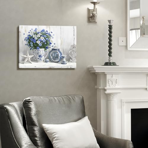 Nicetop Bathroom Decor Wall Art Vintage Coastal Picture Blue and White Anemone Flowers in Vase with Starfish and Bottle Pottery Canvas Print Rustic Country Farmhouse Artwork for Bedroom 16x12 Inch - Image 5