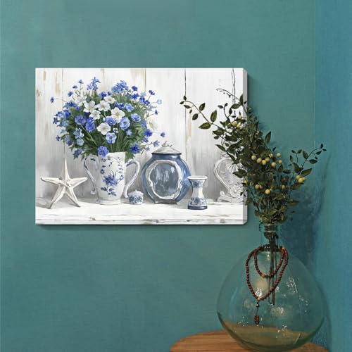 Nicetop Bathroom Decor Wall Art Vintage Coastal Picture Blue and White Anemone Flowers in Vase with Starfish and Bottle Pottery Canvas Print Rustic Country Farmhouse Artwork for Bedroom 16x12 Inch - Image 4