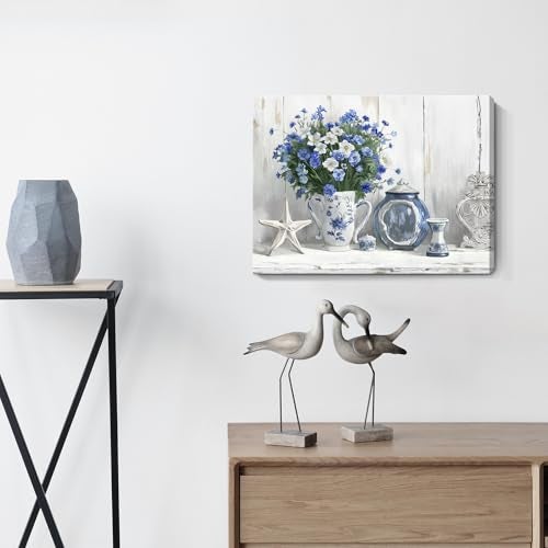 Nicetop Bathroom Decor Wall Art Vintage Coastal Picture Blue and White Anemone Flowers in Vase with Starfish and Bottle Pottery Canvas Print Rustic Country Farmhouse Artwork for Bedroom 16x12 Inch - Image 2