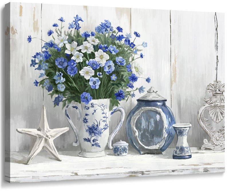 Nicetop Bathroom Decor Wall Art Vintage Coastal Picture Blue and White Anemone Flowers in Vase with Starfish and Bottle Pottery Canvas Print Rustic Country Farmhouse Artwork for Bedroom 16x12 Inch - Image 1