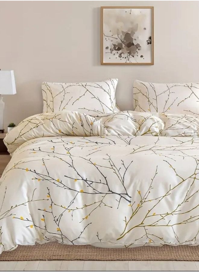 LUNA Home Queen size 6 pieces twigs print duvet cover set, beige color.  - Image 1