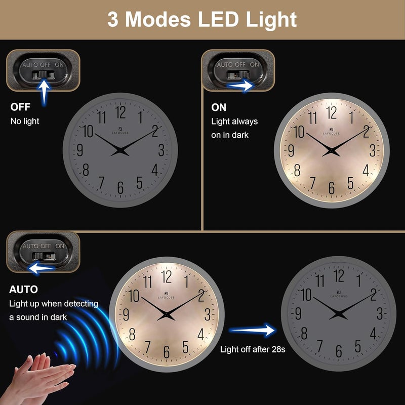 Lafocuse Night Light Wall Clock 30 cm without Ticking Noise, Modern White Wall Clock Glows in the Dark, Easy to Read Battery Operated Wall Clocks Decoration for Kitchen Living Room Bedroom - Image 4
