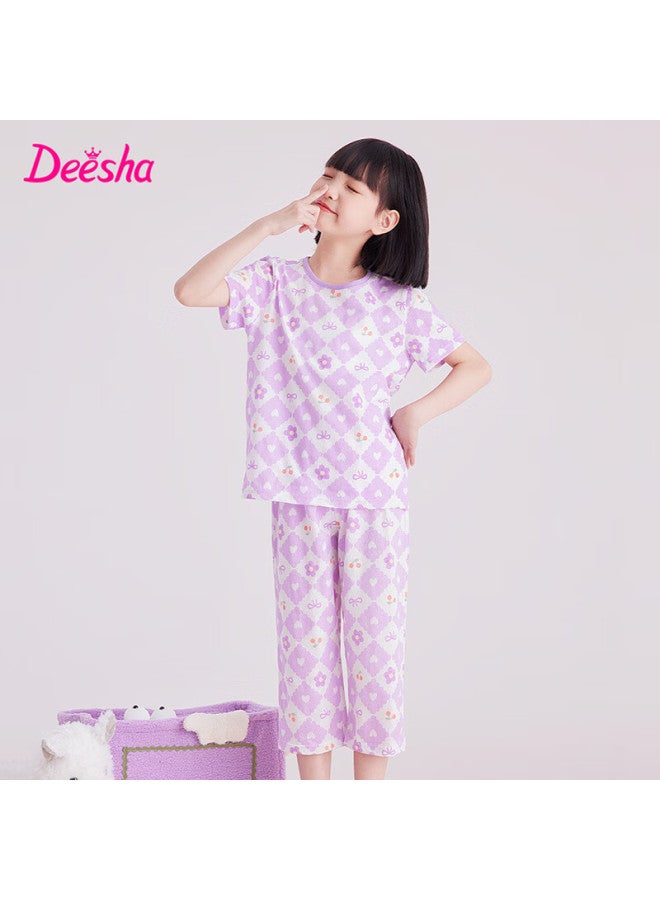 Deesha Deesha Girls' Thin Spring And Summer Mesh Breathable Antibacterial Pure Cotton Air-conditioned Home Wear Set For Big Girls - Image 1