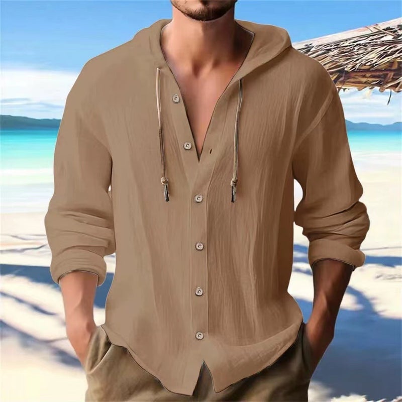 Generic Cross-border Mens Sports Casual Long Sleeve Shirt Cotton Linen Hooded Fashion Sweatshirt Trendy All-match Loose Beach T-shirt Dark brown