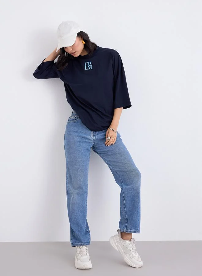 Styli Styli Navy Blue Oversized 3/4 Sleeve T-Shirt