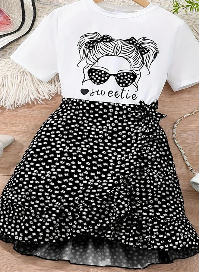 تايك تو Girls Graphic Print T-Shirt and Wrap Skirt Set
