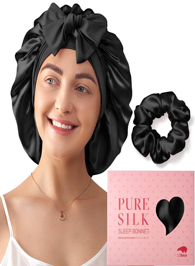 LitBear 100% Mulberry Silk Bonnet for Sleeping Women, 6A 22 Momme, Large Double-Layer Silk Hair Wrap with Tie Band, Non-Slip Turban, Includes Silk Scrunchie - Image 1