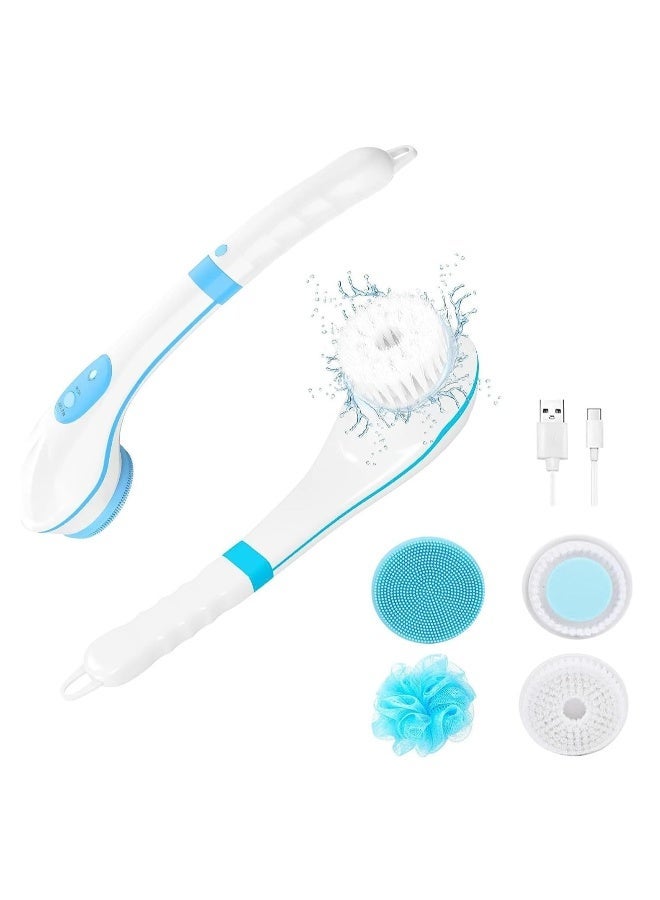 Waterproof Electric Body Brush with Silicone Facial Cleaner 4 Spin Brush Heads Exfoliating Bath and Shower Scrubber Long Handle Back Scrubber for Men and Women