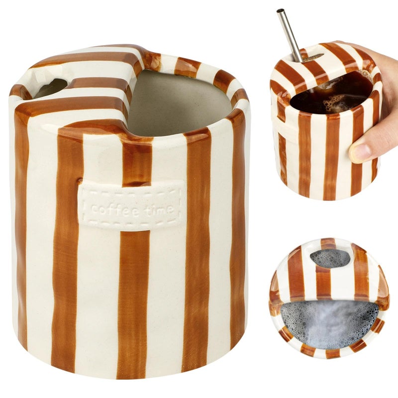 SUTENG Novelty Ceramic Coffee Mug Designed to Look Like a Gift Box, 10oz Retro Hand-Painted Ceramic Travel Mug, Brown & White Striped, Microwave & Dishwasher Safe, Perfect Present for Coffee Lovers (Brown) - Image 1