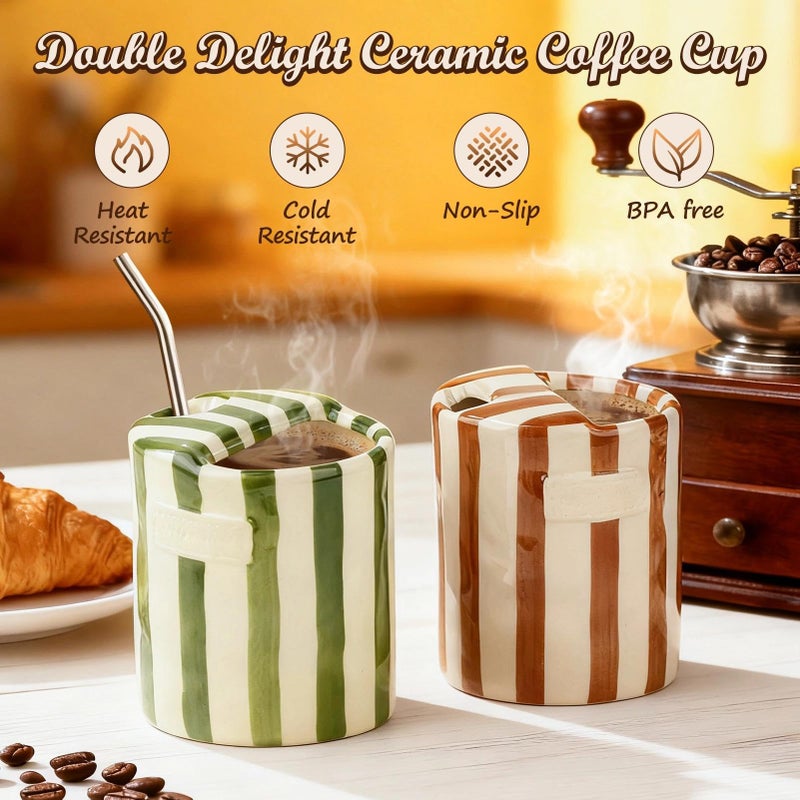 SUTENG Novelty Ceramic Coffee Mug Designed to Look Like a Gift Box, 10oz Retro Hand-Painted Ceramic Travel Mug, Brown & White Striped, Microwave & Dishwasher Safe, Perfect Present for Coffee Lovers (Brown) - Image 3