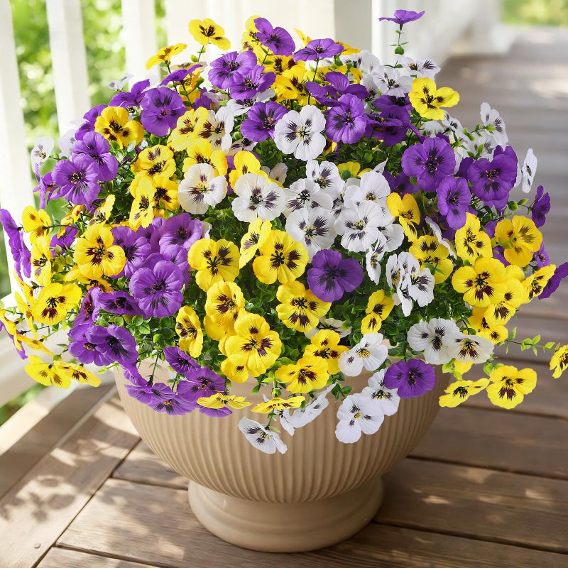 Alupssuc 24 Bundles Artificial Flowers for Outdoors Spring Decorations Fake Flowers UV Resistant Realistic Pansies with Eucalyptus Silk Faux Flowers for Porch Patio Yard Yellow White CrimsonPurple - Image 2