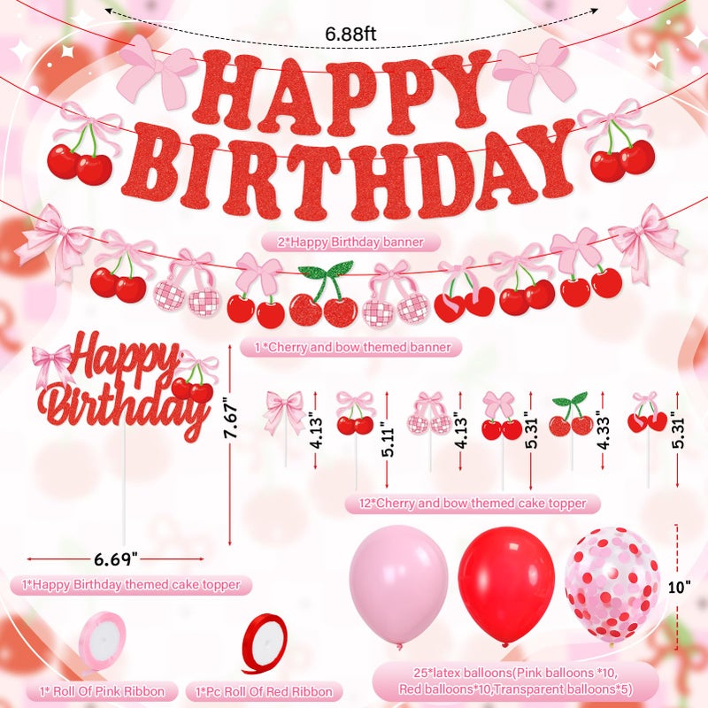 K KUMEED Cherry Birthday Decorations,Happy Birthday Cherry Banner,Summer Fruit Cherry Party Supplies Cake Topper Latex Balloons for Women Girl Birthday Party Favors - Image 2