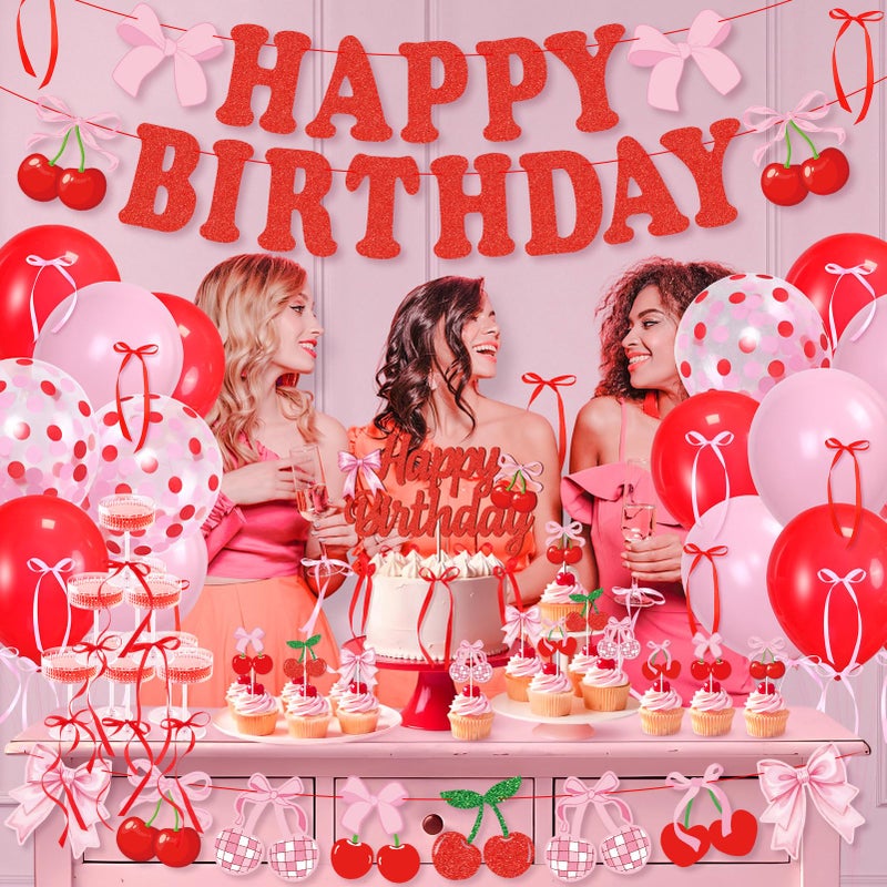 K KUMEED Cherry Birthday Decorations,Happy Birthday Cherry Banner,Summer Fruit Cherry Party Supplies Cake Topper Latex Balloons for Women Girl Birthday Party Favors - Image 5