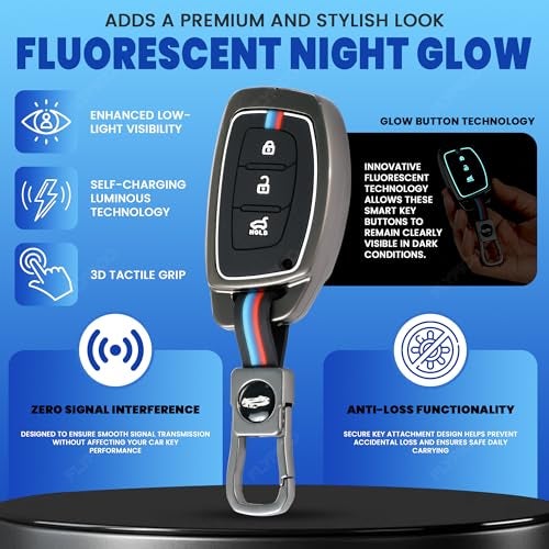 Coll of Fest Metal Silicon Key Cover Compatible with Hyundai Creta i10 Grand i20 Elite i20 Active Xcent Verna 4s, Tucson Elantra Grand i10 Nios 3 Button Smart Key Special Feature Visible in Low-Light - Image 3