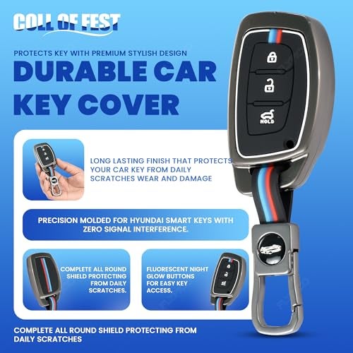 Coll of Fest Metal Silicon Key Cover Compatible with Hyundai Creta i10 Grand i20 Elite i20 Active Xcent Verna 4s, Tucson Elantra Grand i10 Nios 3 Button Smart Key Special Feature Visible in Low-Light - Image 5