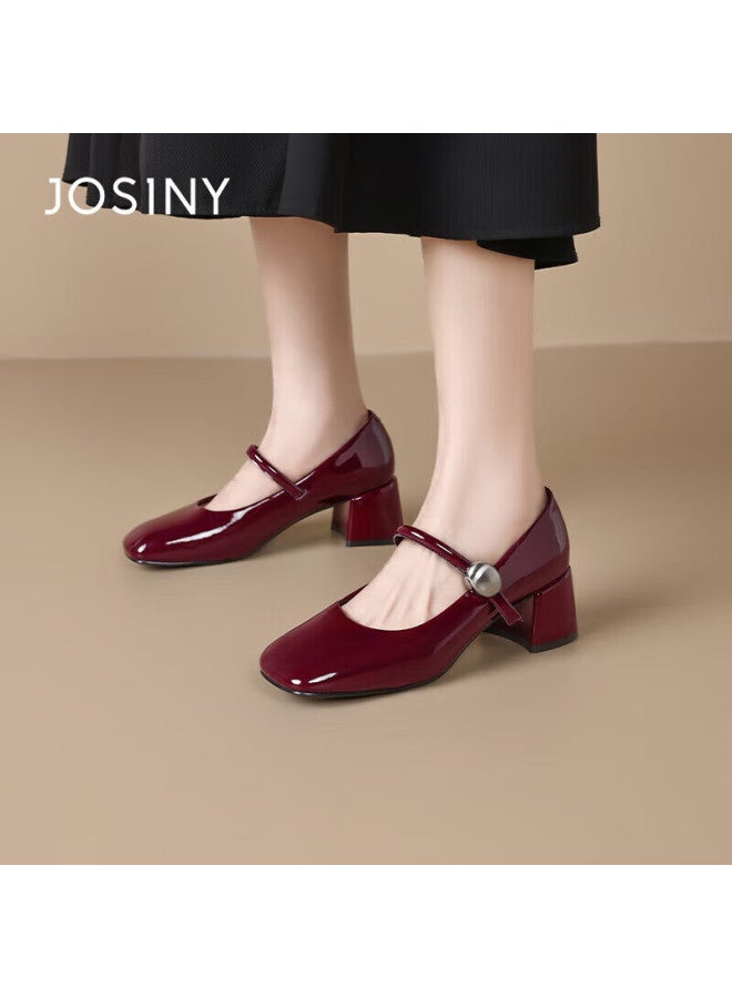 Josiny Zhuoshini Women's Red Spring Shallow Mouth Chunky Heel Versatile Mary Jane Shoes With Strap Mid Heel Soft Sole Wine Red Size 36 - Image 4