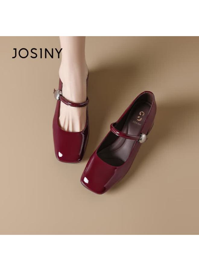 Josiny Zhuoshini Women's Red Spring Shallow Mouth Chunky Heel Versatile Mary Jane Shoes With Strap Mid Heel Soft Sole Wine Red Size 36 - Image 3