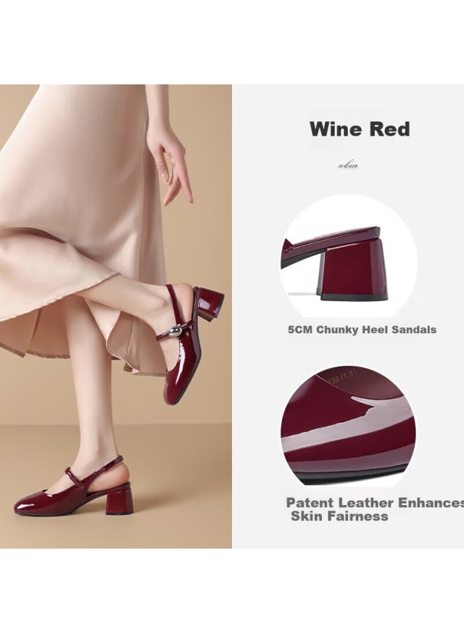 Josiny Zhuoshini Women's Red Spring Shallow Mouth Chunky Heel Versatile Mary Jane Shoes With Strap Mid Heel Soft Sole Wine Red Size 36 - Image 2