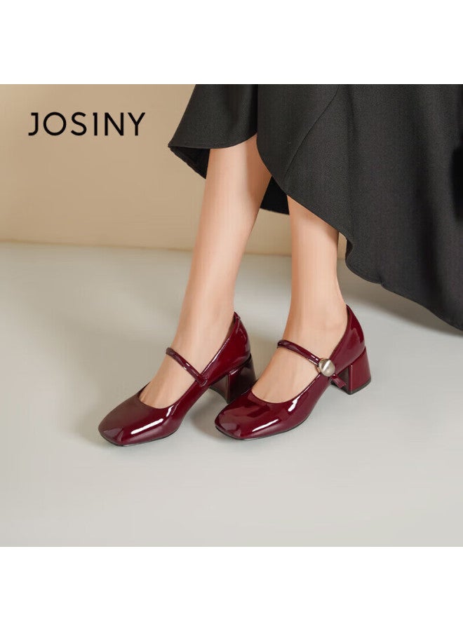 Josiny Zhuoshini Women's Red Spring Shallow Mouth Chunky Heel Versatile Mary Jane Shoes With Strap Mid Heel Soft Sole Wine Red Size 36 - Image 5