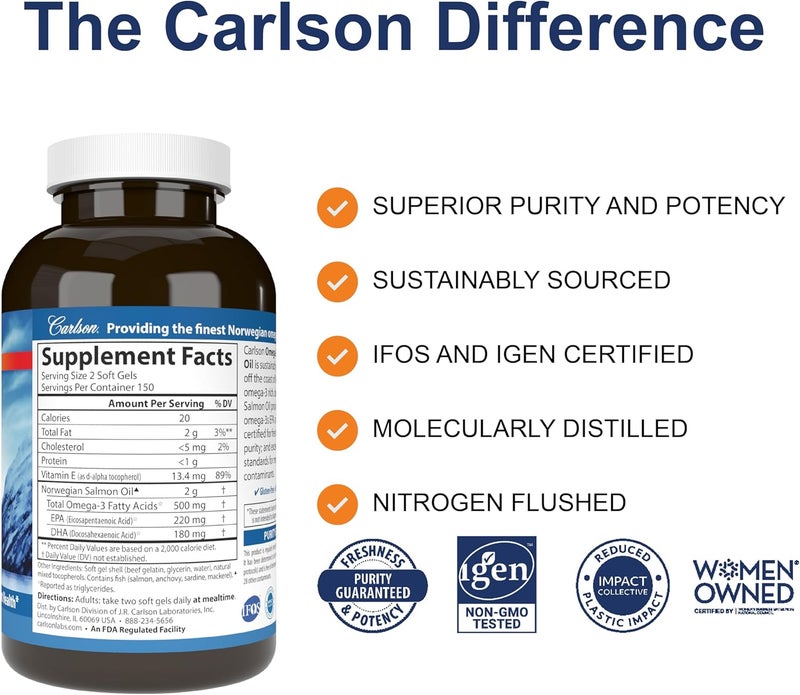 Carlson  Salmon Oil 500 mg Omega3s Norwegian Heart Brain  Joint Health 300 Softgels - Image 2