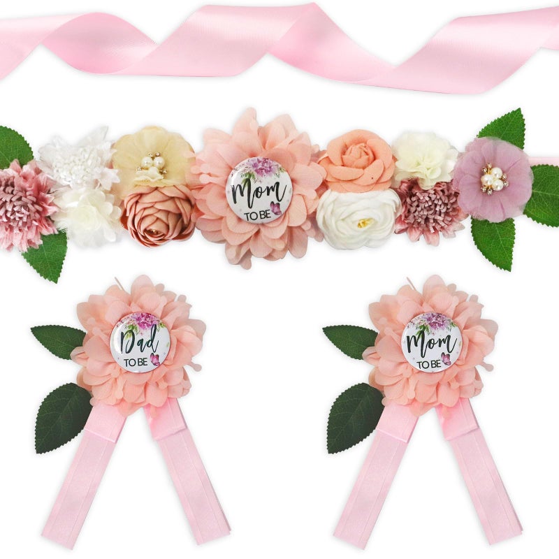 Blinket Pink Butterfly Maternity Sash and Corsage Set â€“ Floral Belly Band with Mom to Be Dad to Be Pins for Baby Shower Gender Reveal Party Decorations and Pregnancy Photoshoot Gift - Image 1