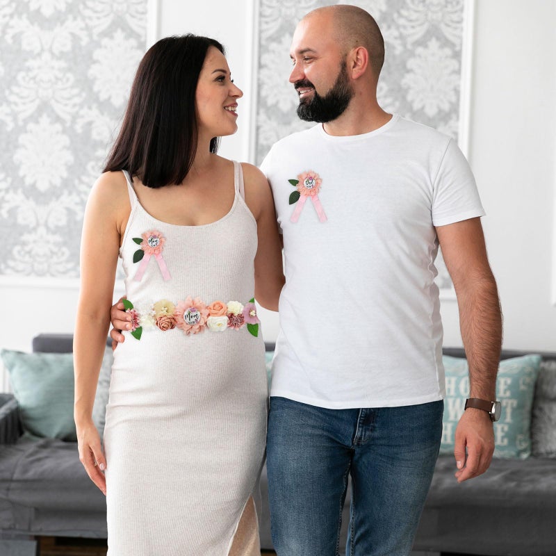 Blinket Pink Butterfly Maternity Sash and Corsage Set â€“ Floral Belly Band with Mom to Be Dad to Be Pins for Baby Shower Gender Reveal Party Decorations and Pregnancy Photoshoot Gift - Image 3