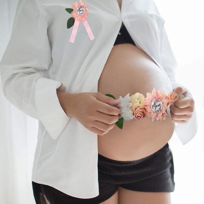 Blinket Pink Butterfly Maternity Sash and Corsage Set â€“ Floral Belly Band with Mom to Be Dad to Be Pins for Baby Shower Gender Reveal Party Decorations and Pregnancy Photoshoot Gift - Image 5