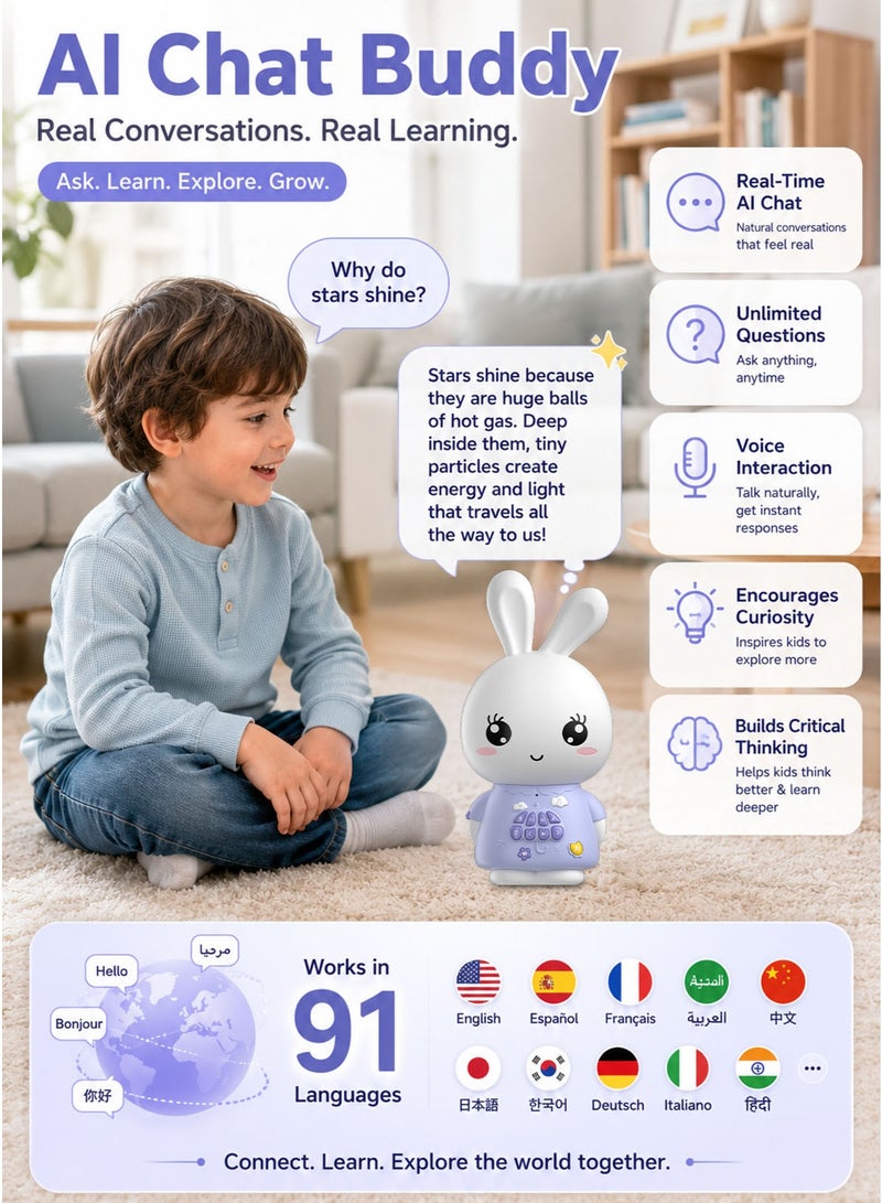 Alilo AI Bunny Smart Companion for Kids – Alilo AI App-Powered Interactive Learning Toy with Real-Time Voice Chat, 4 AI Character Modes, 91 Languages, 50 Stories, 66 Songs, 28 Lullabies, 34 Classical Tunes, Bluetooth Speaker, Soft Night Light, Screen-Free Educational Toy for Boys & Girls Ages 3+ - Image 2